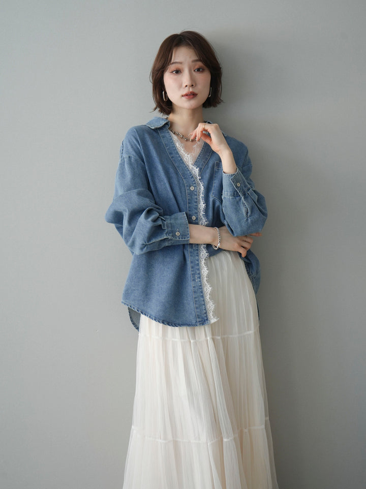 [SET]レースレイヤードデニム開襟シャツ+ラメプリーツレイヤードチュールロングスカート(2set)