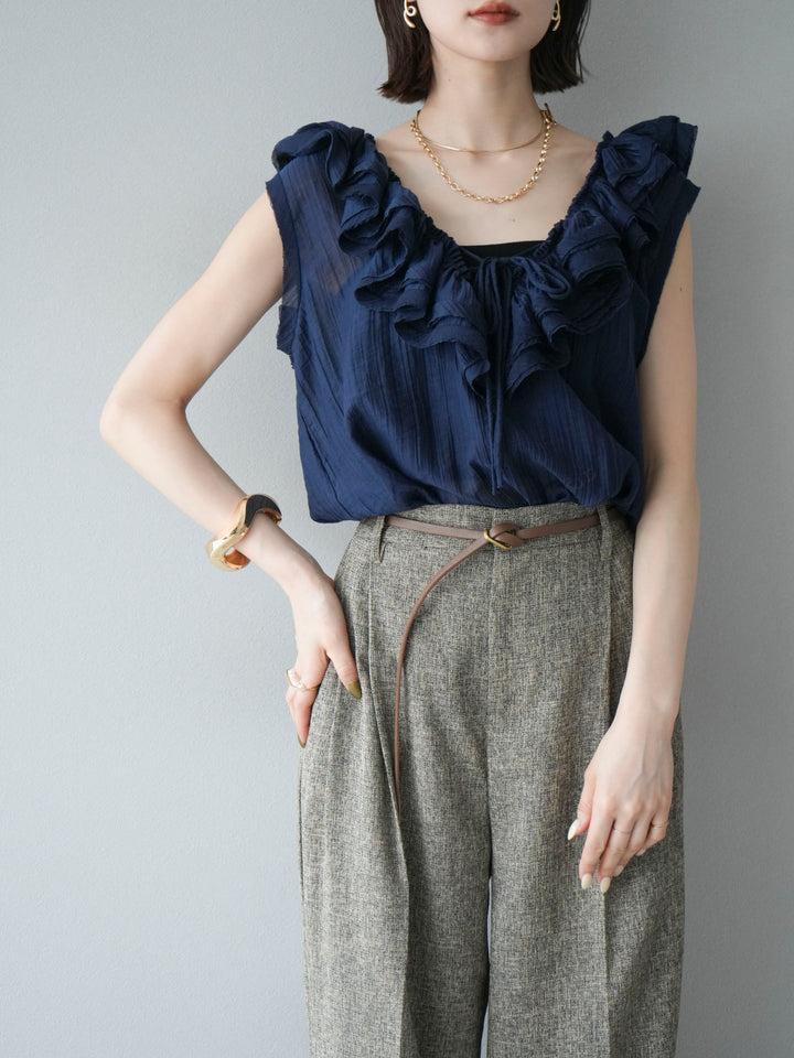 [予約]ワッシャーラッフルノースリーブブラウス/ネイビー