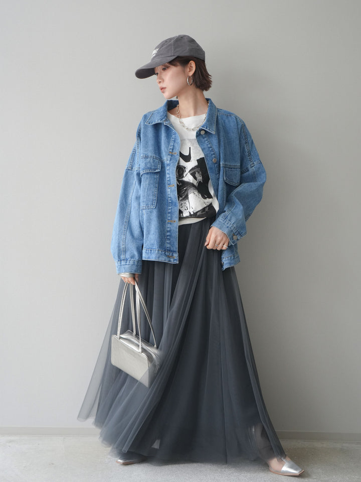[SET]ルーズシルエットデニムジャケット+チュールボリュームスカート(2set)