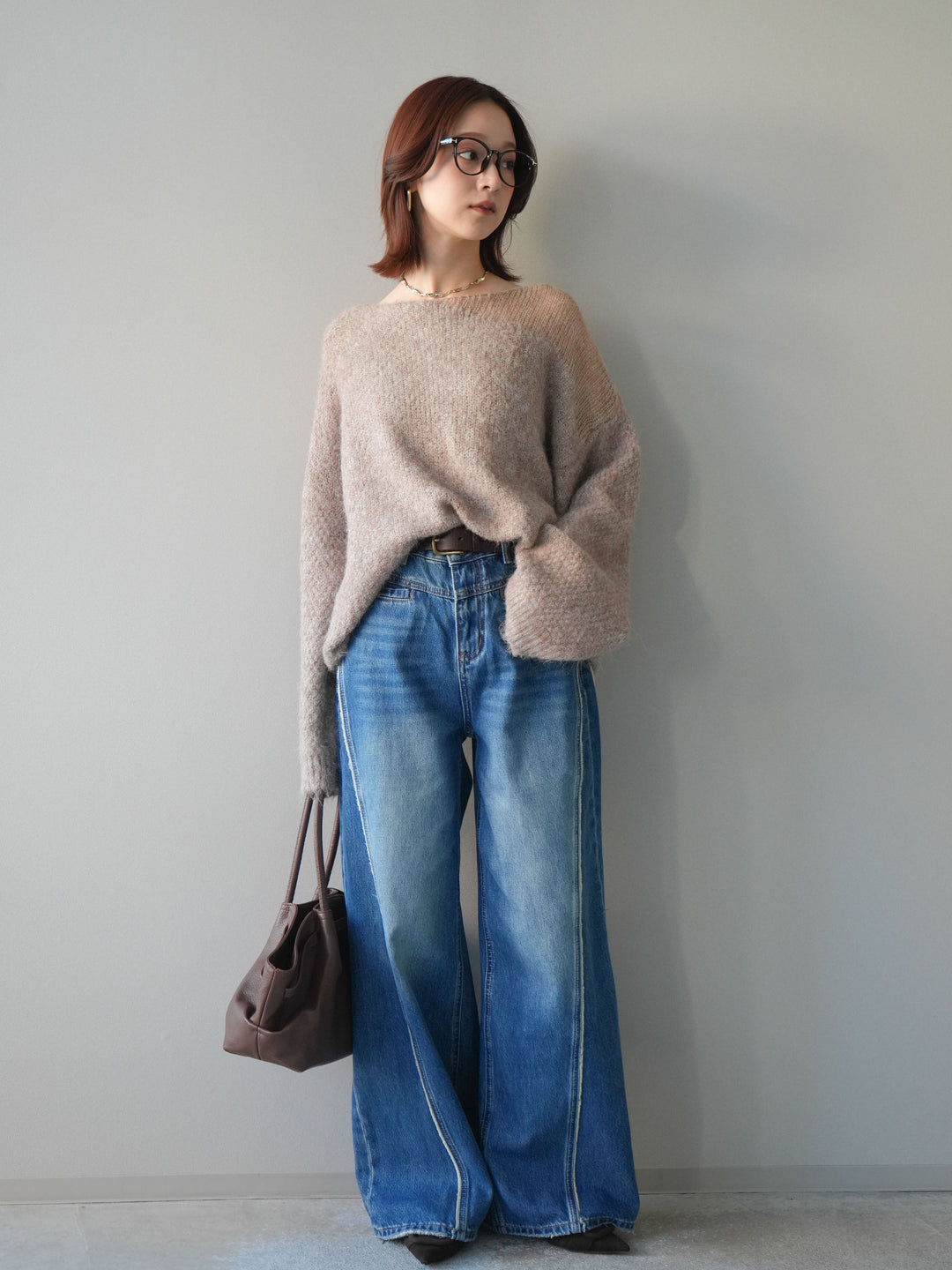 [SET]透かしデザインニットプルオーバー+サイドフリンジワイドデニムパンツ(2set)