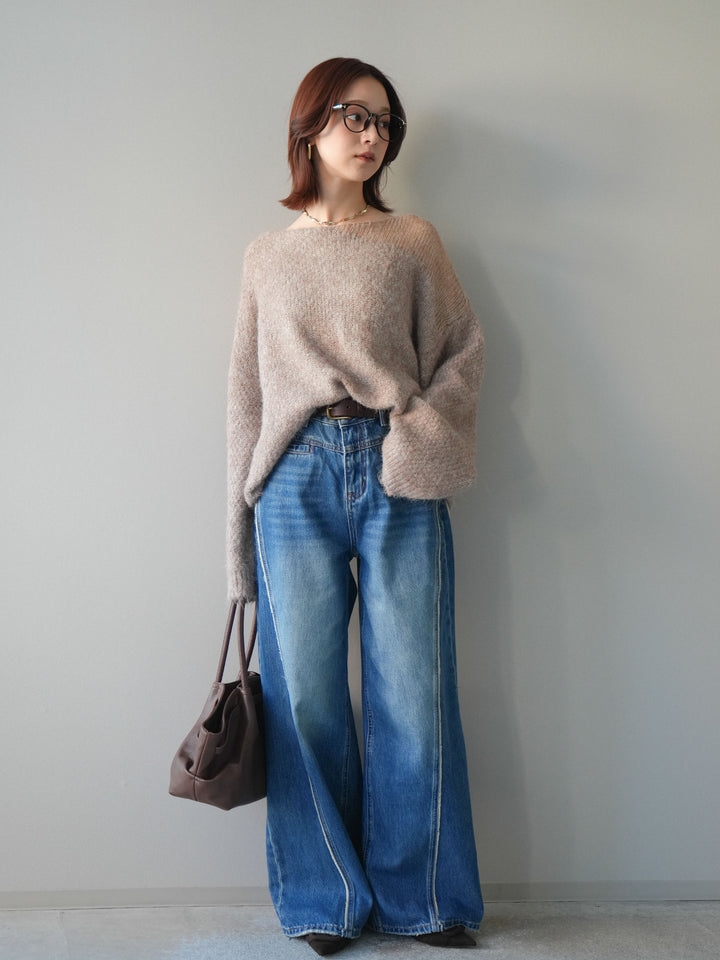 [SET]透かしデザインニットプルオーバー+サイドフリンジワイドデニムパンツ(2set)
