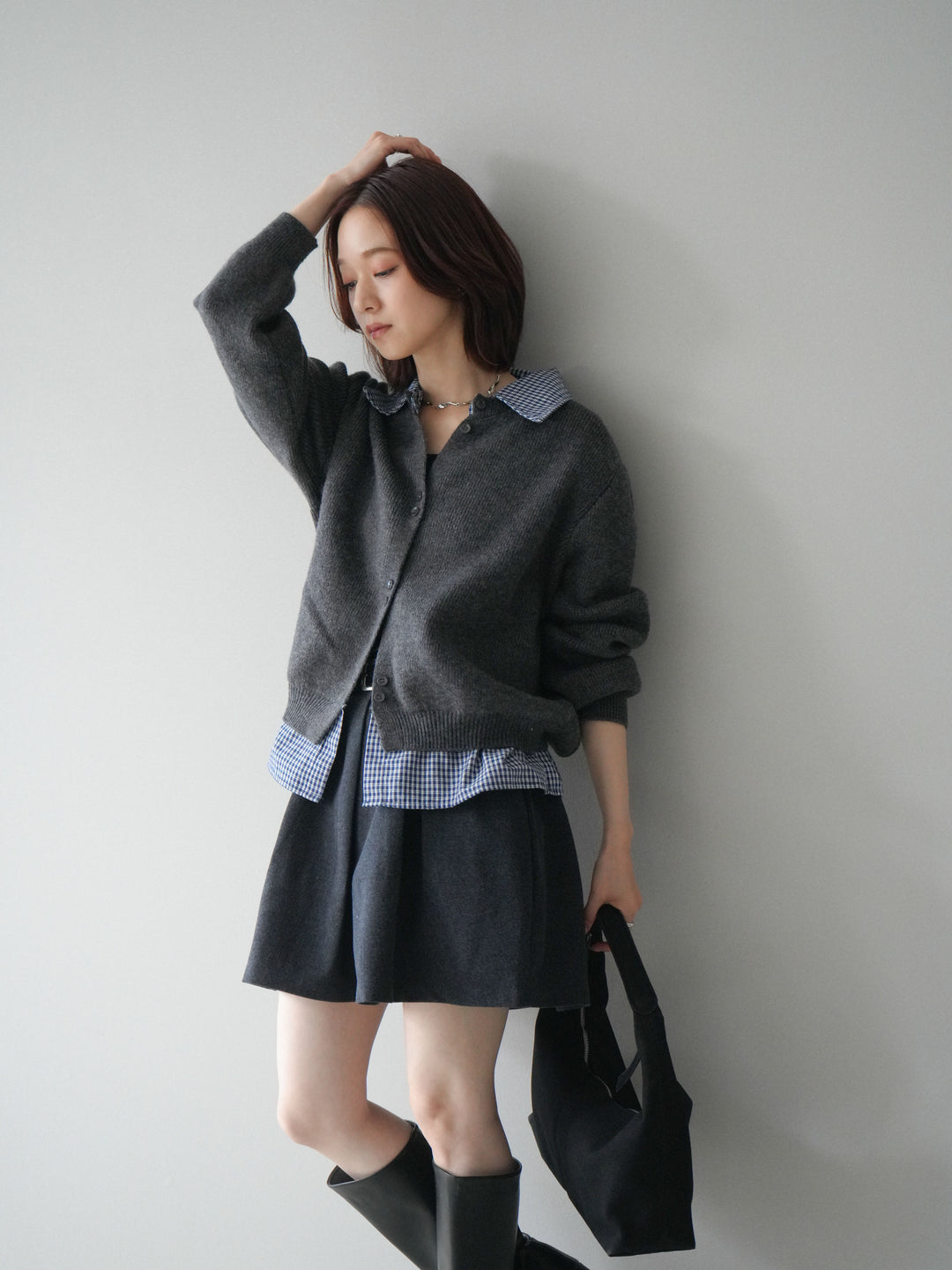 [SET]チェックシャツ襟ニットカーディガン+ベルト付きタックミニスカート(2set)