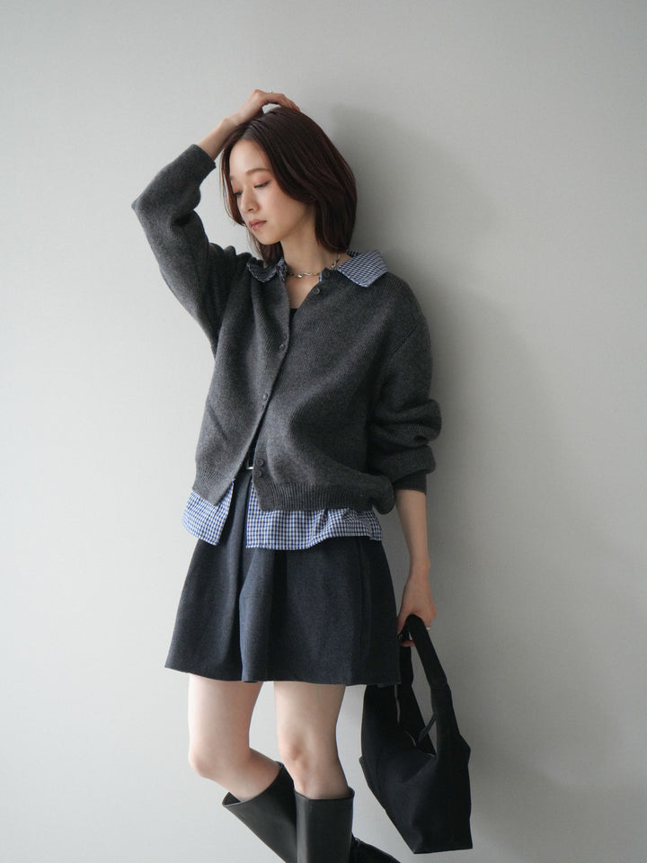 [SET]チェックシャツ襟ニットカーディガン+ベルト付きタックミニスカート(2set)