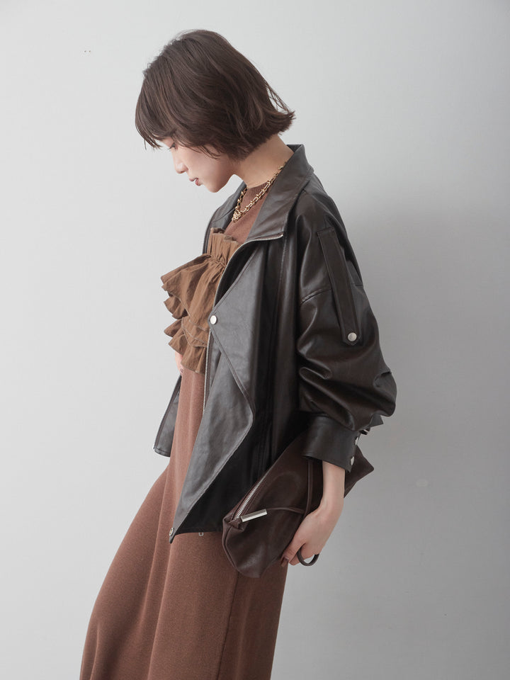 [予約]フリルデザインリブニットワンピース/brown