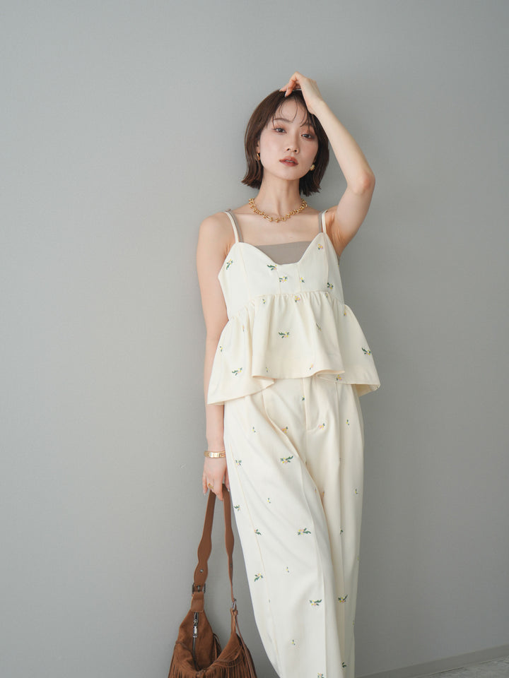 [SET]フラワー刺繍ビスチェ+フラワー刺繍タックパンツ(2set)