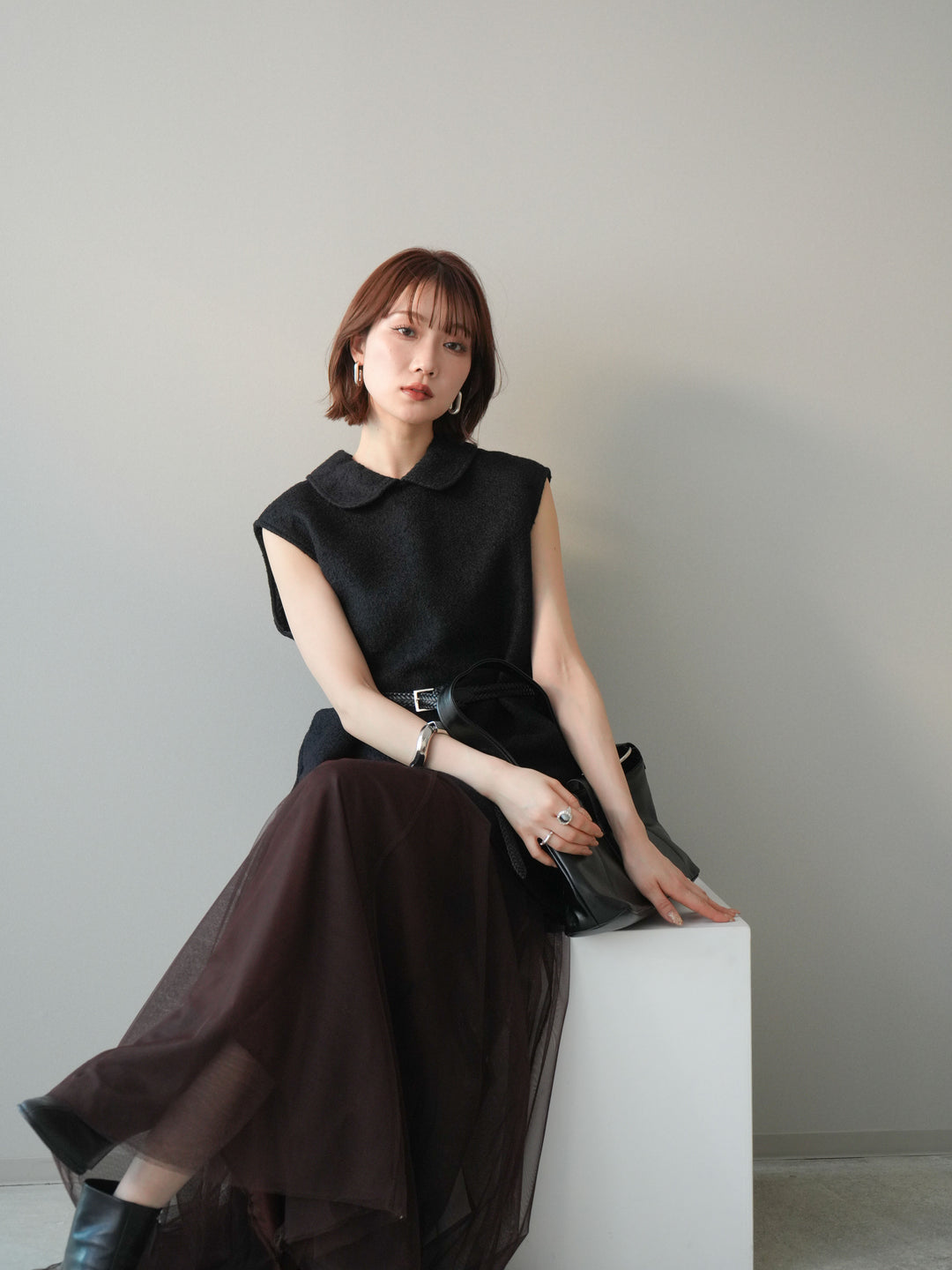 [SET]襟付きブークレミニワンピース+チュールボリュームスカート(2set)