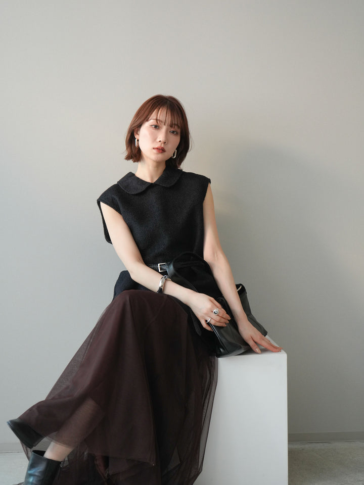 [SET]襟付きブークレミニワンピース+チュールボリュームスカート(2set)