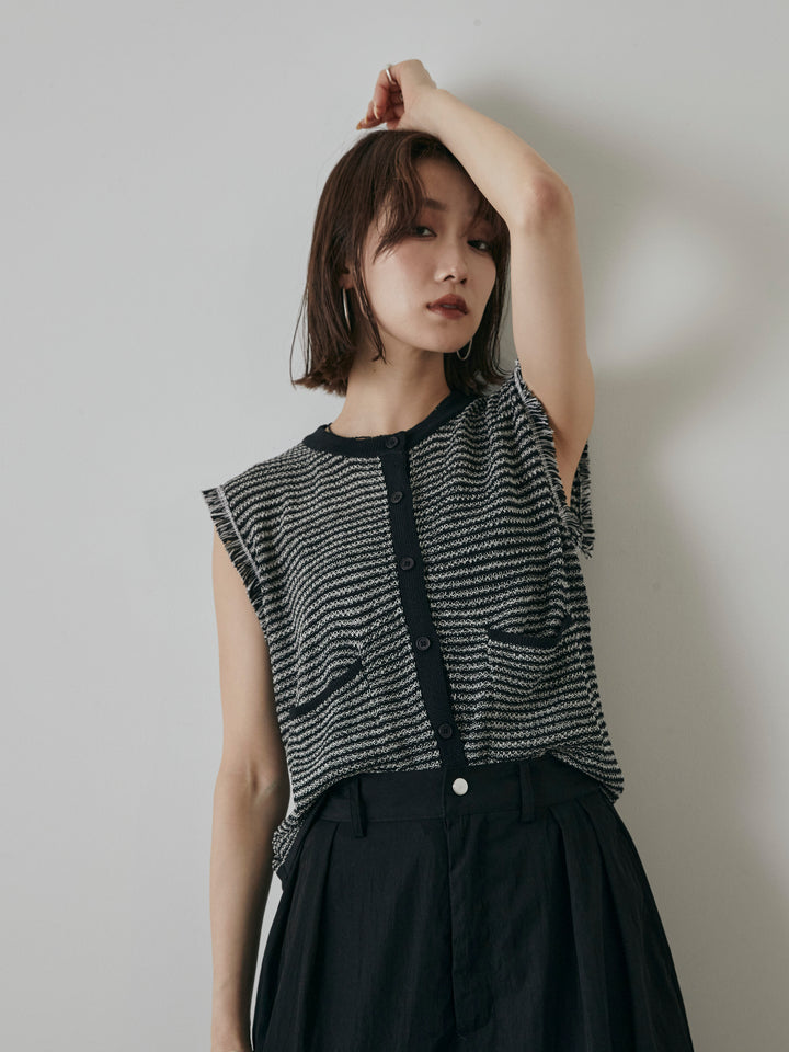 [予約]ボーダー袖フリンジニットベスト/ブラック