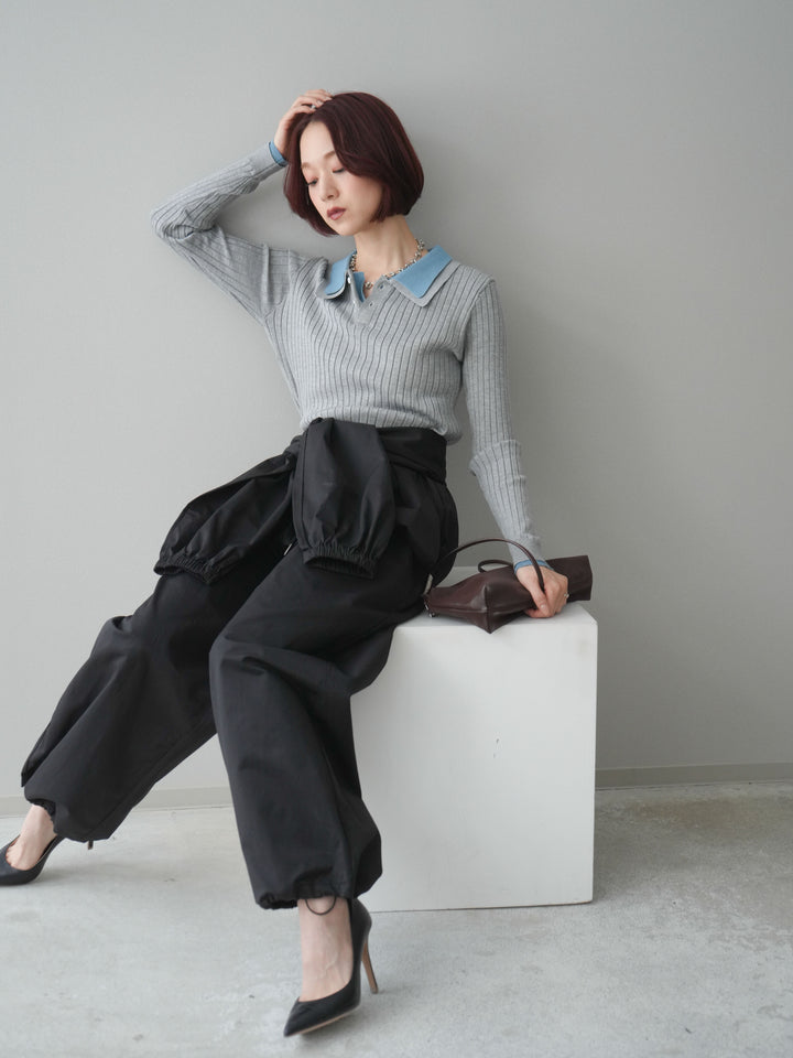 [SET]ダブル襟ポロリブニットトップス+ダブル襟ポロリブニットトップス(2set)