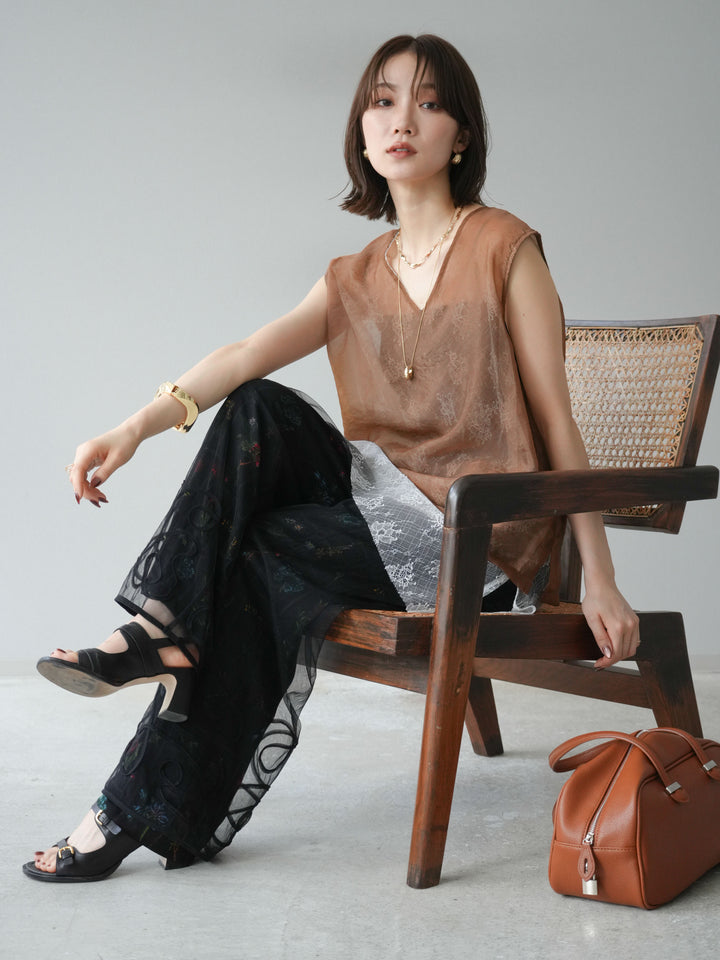 [予約]レースレイヤードオーガンジートップス/ブラウン