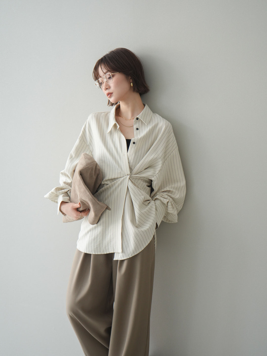 [SET]2WAYカシュクールストライプブラウス+ベルト付キーホルダーモチーフワイドパンツ(2set)