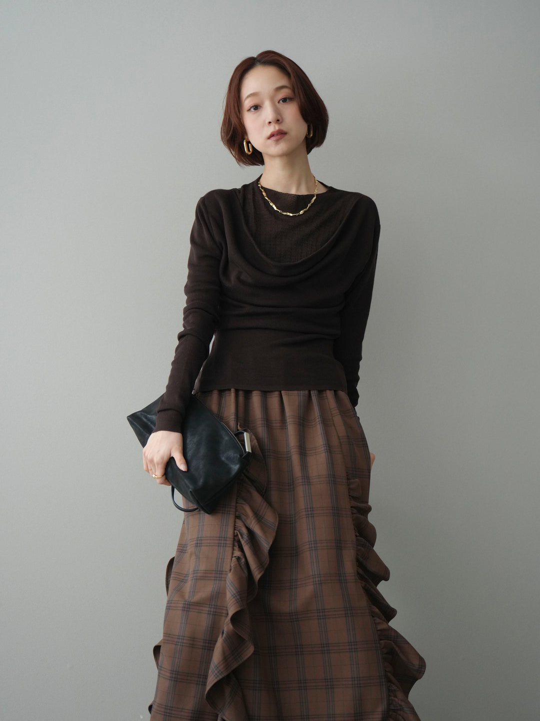 [予約]ボトルネックドレープレイヤードニットトップス/brown