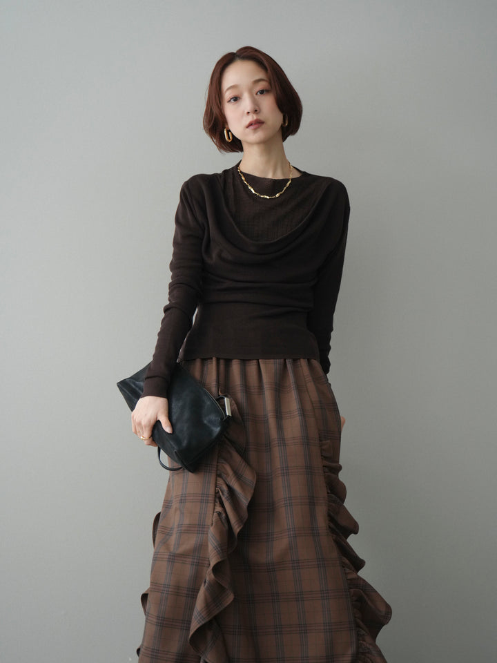 [予約]ボトルネックドレープレイヤードニットトップス/brown