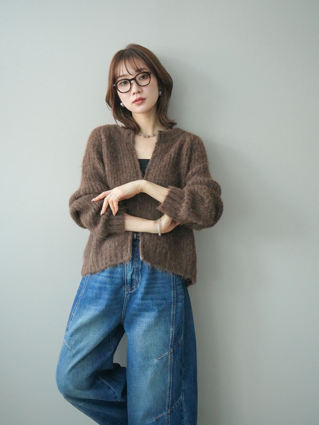 [予約]MIXヤーンモヘアタッチZIPニットカーディガン/brown