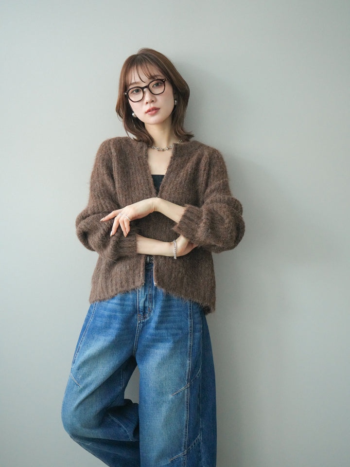 [予約]MIXヤーンモヘアタッチZIPニットカーディガン/brown