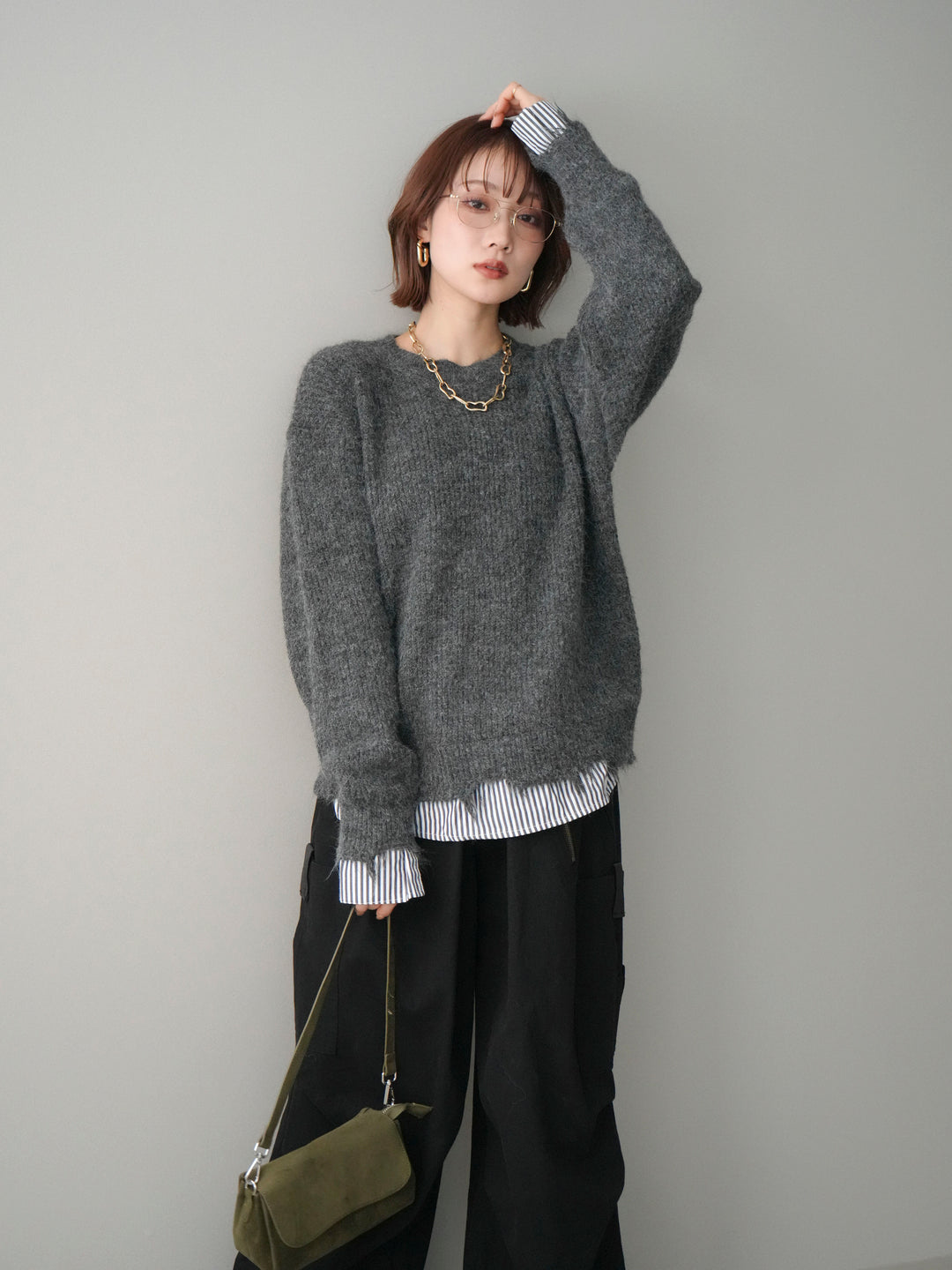 [予約]裾シャツレイヤードダメージニットプルオーバー/darkgrey