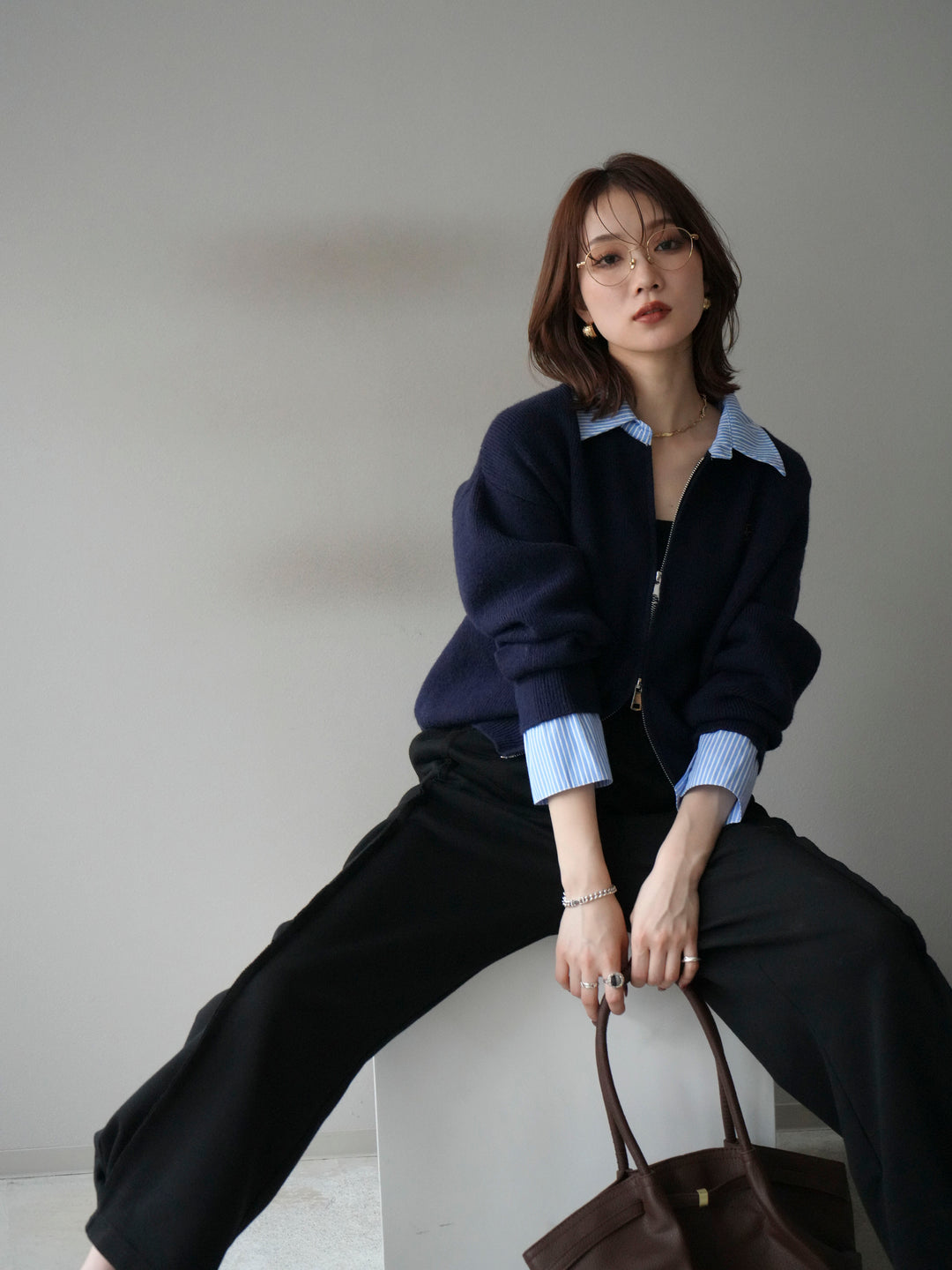 [SET]ストライプシャツレイヤードZIPニットカーディガン+ストライプシャツレイヤードZIPニットカーディガン(2set)