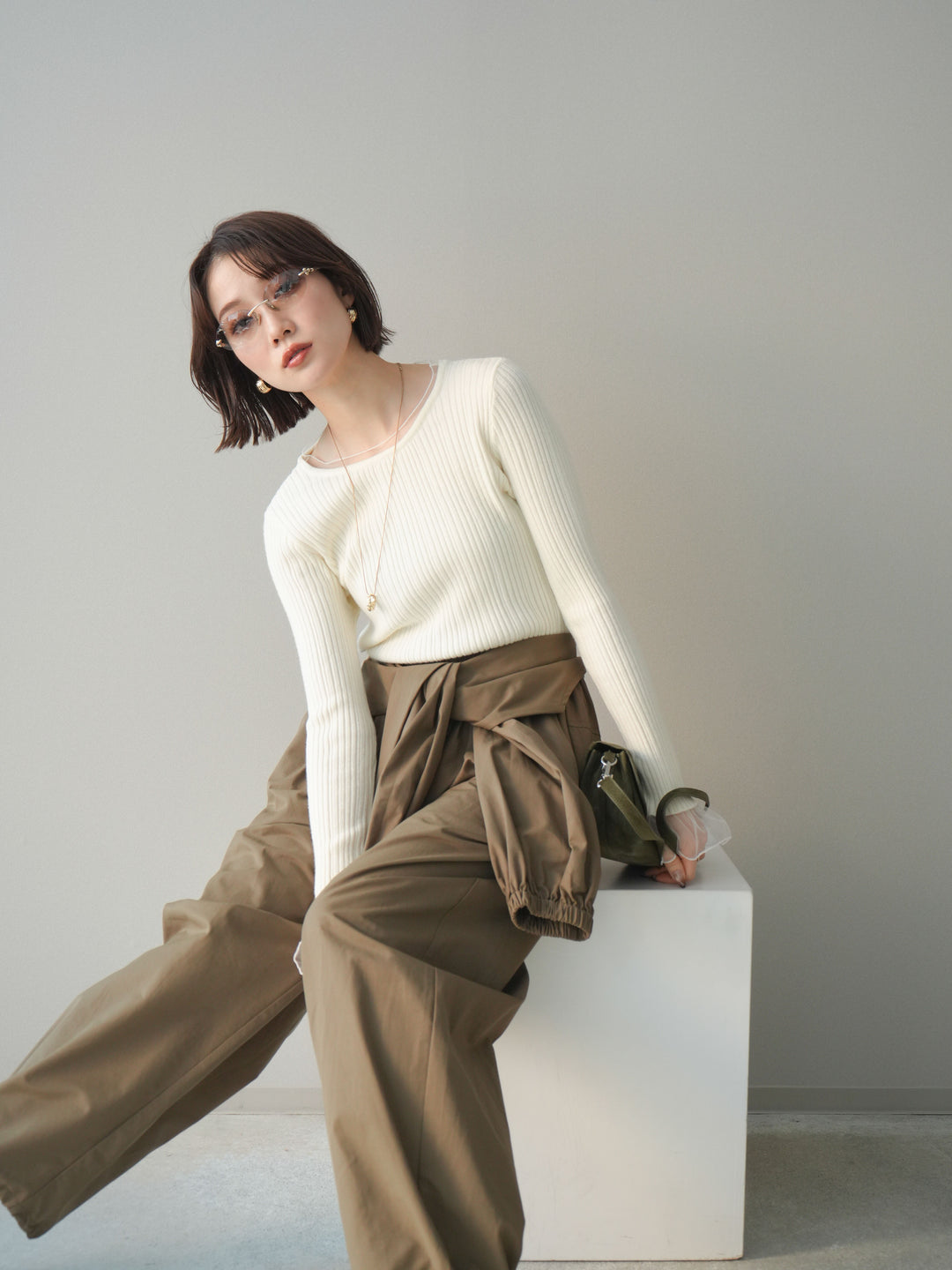 [予約]チュールレイヤードリブニットトップス/ivory