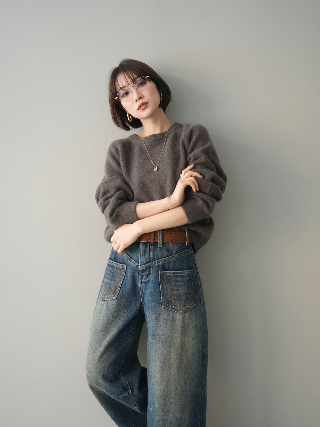 [予約]クルーネックモチモチニットプルオーバー/gray