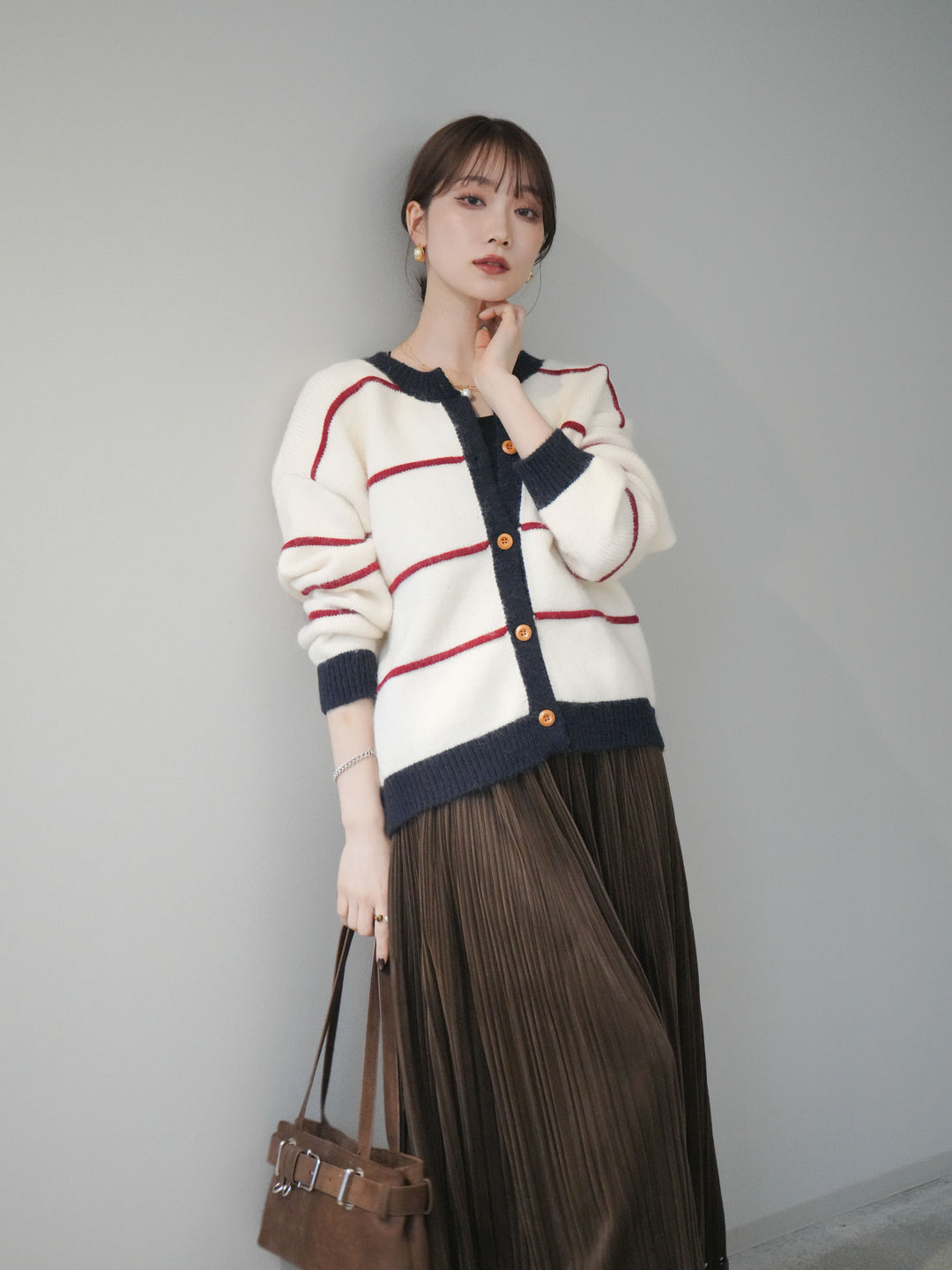 [予約]配色ボーダーニットカーディガン/red