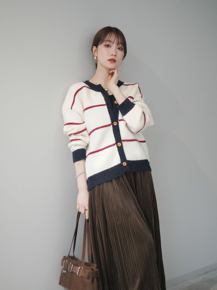 [予約]配色ボーダーニットカーディガン/red