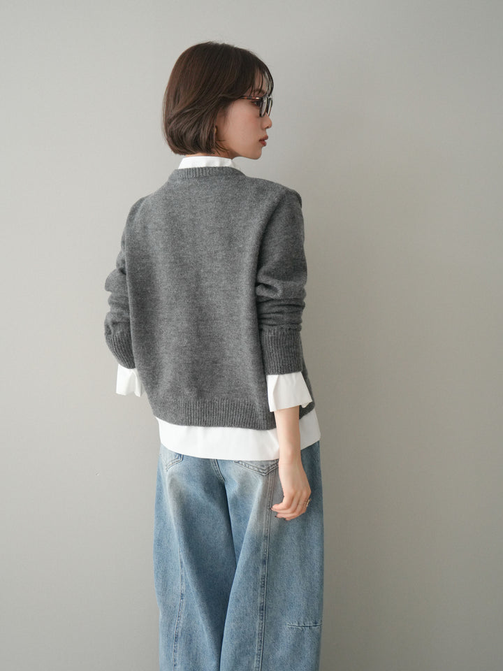 [SET]布帛ドッキングニットカーディガン+ガーメントウォッシュカーブデニムパンツ(2set)