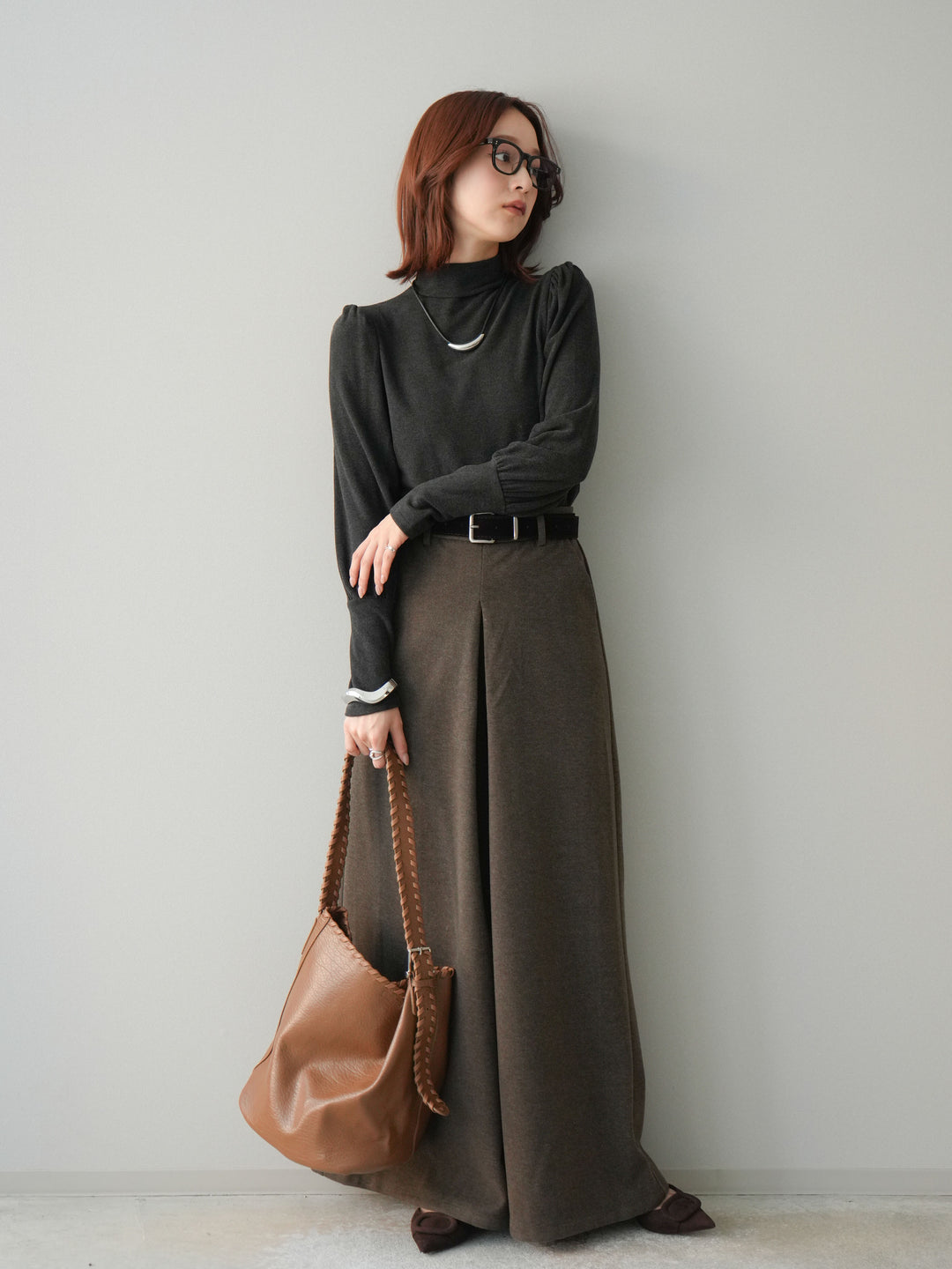 [予約]ベルト付きフロントタックワイドパンツ/brown
