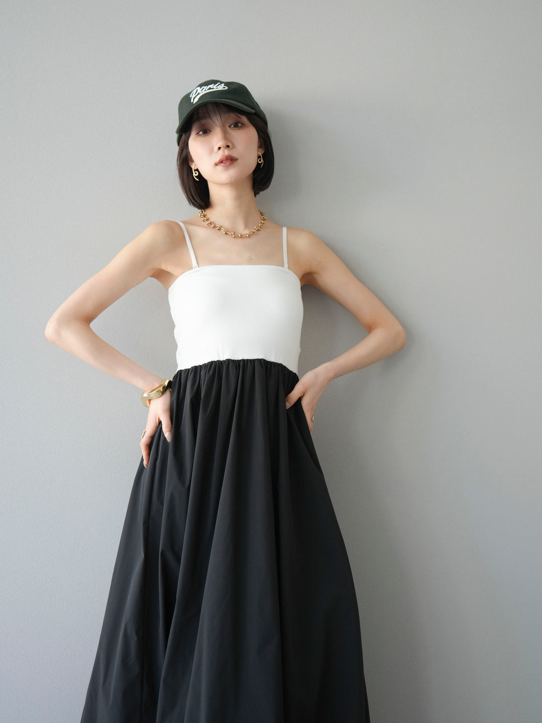 [予約]異素材ドッキングカップ付ベアキャミバルーンワンピース/オフブラック