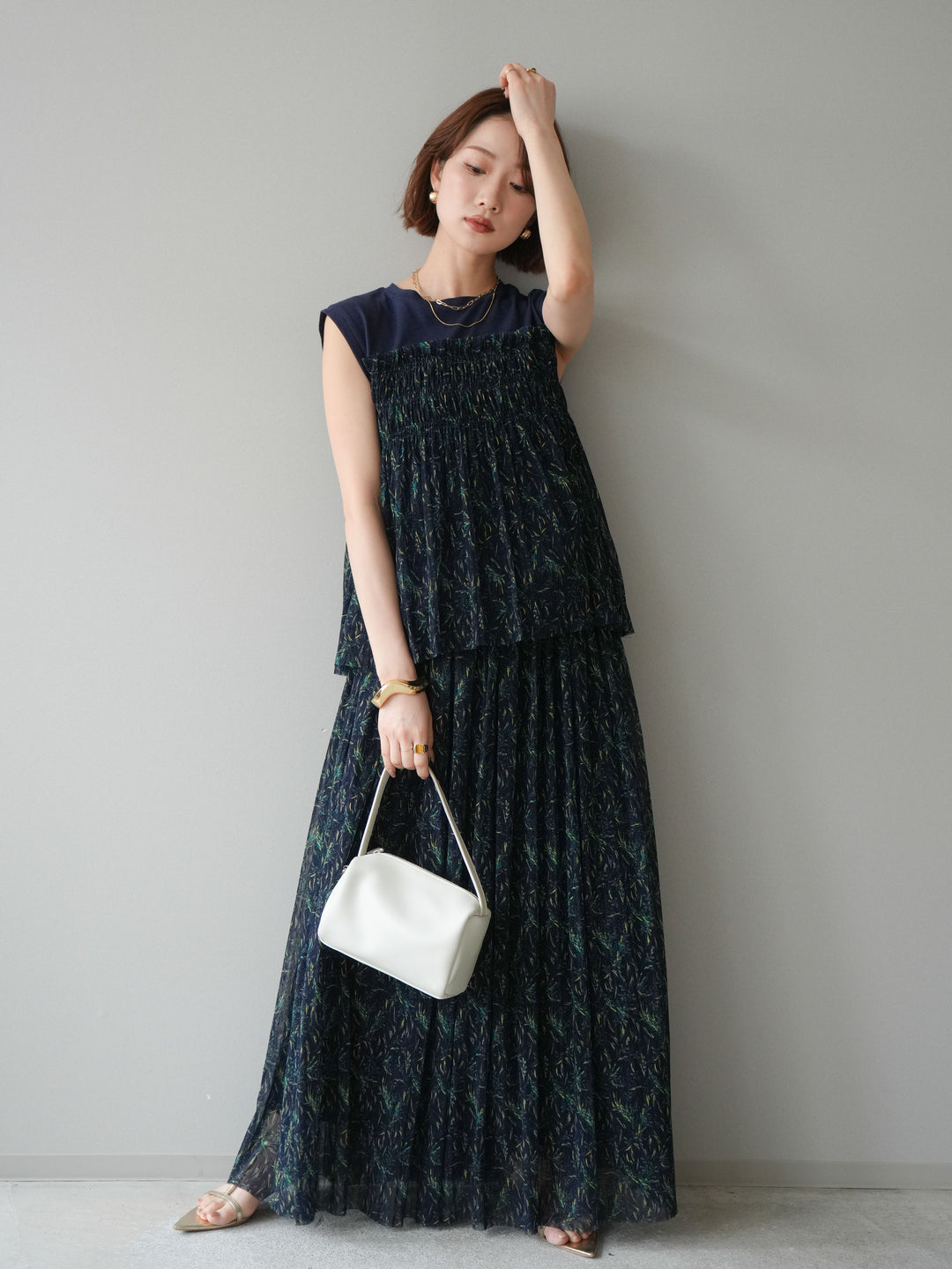 [SET]チュールプリントノースリーブトップス+チュールプリントスカート(2set)