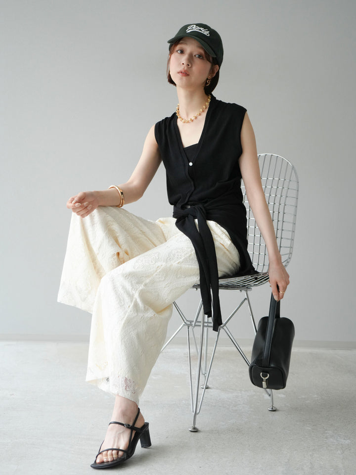 【預購】無袖圍腰針織開襟衫/黑色