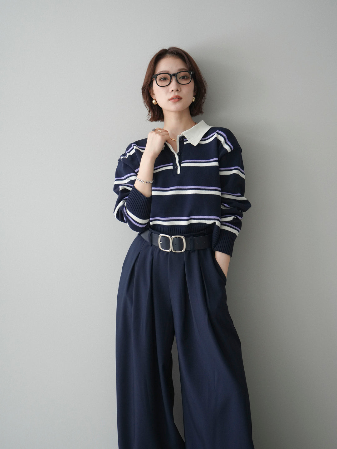 [予約]マルチボーダーポロニットトップス/navy