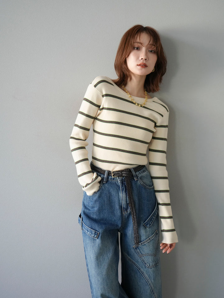 [予約]バックオープンボーダーテレコリブトップス/アイボリー