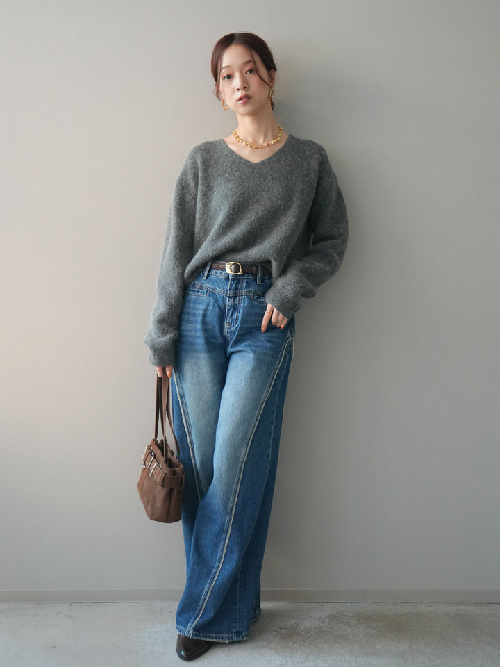 [SET]シュシュ付きアンゴラタッチVネックニットプルオーバー+サイドフリンジワイドデニムパンツ(2set)