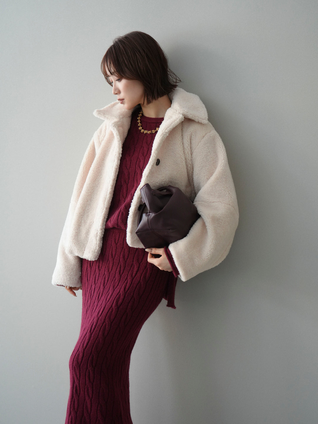 [SET]エコファーステンカラージャケット+ストール付ケーブルニットプルオーバー&ロングスカートSET UP(2set)