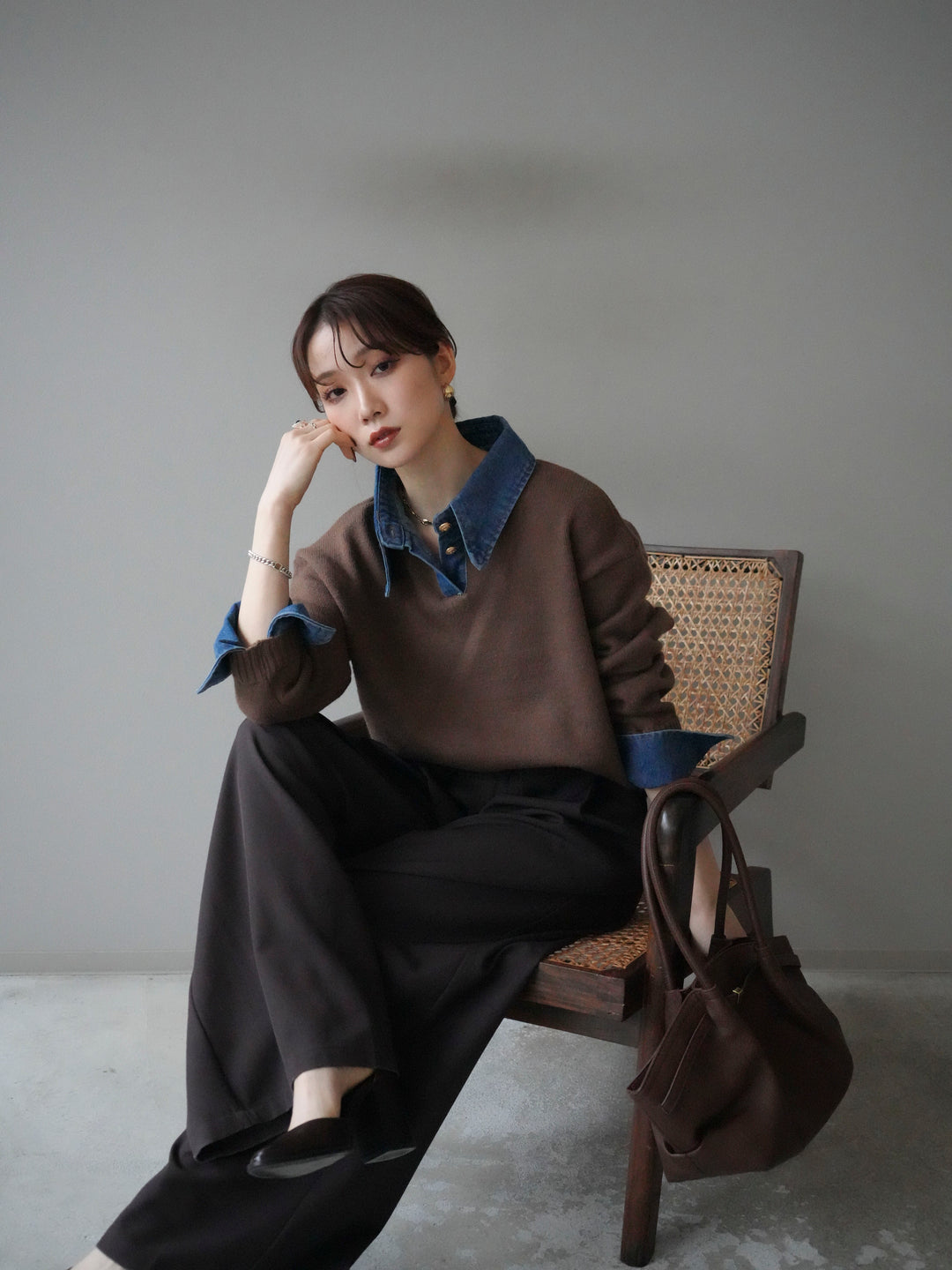 [SET]デニム襟ポロニットプルオーバー+ベルトループデザインワイドパンツ(2set)