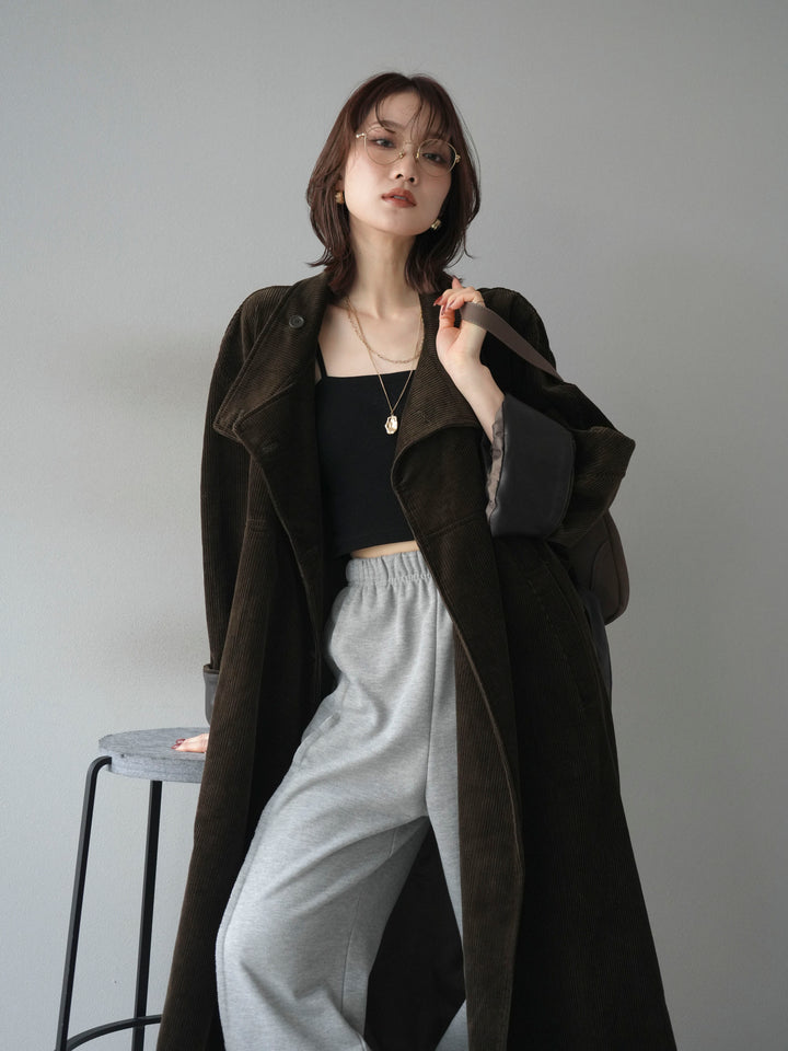 [予約]コーデュロイ折り返しレザーロングコート/khaki