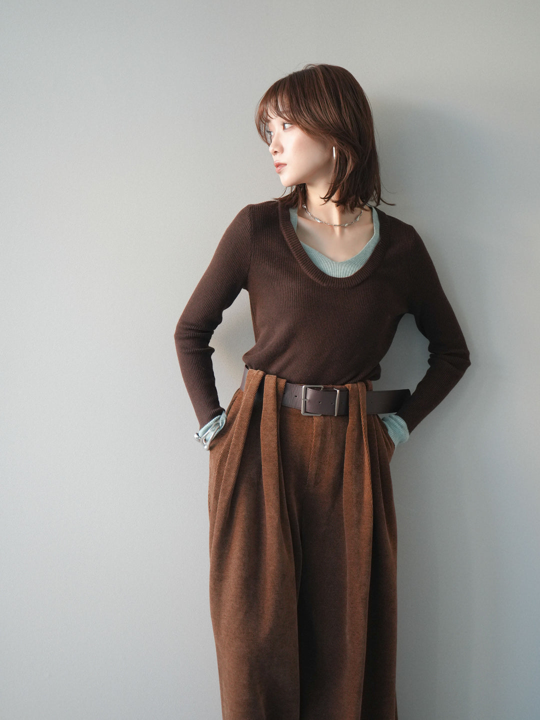 [予約]Uネック配色レイヤードリブニットトップス/brown