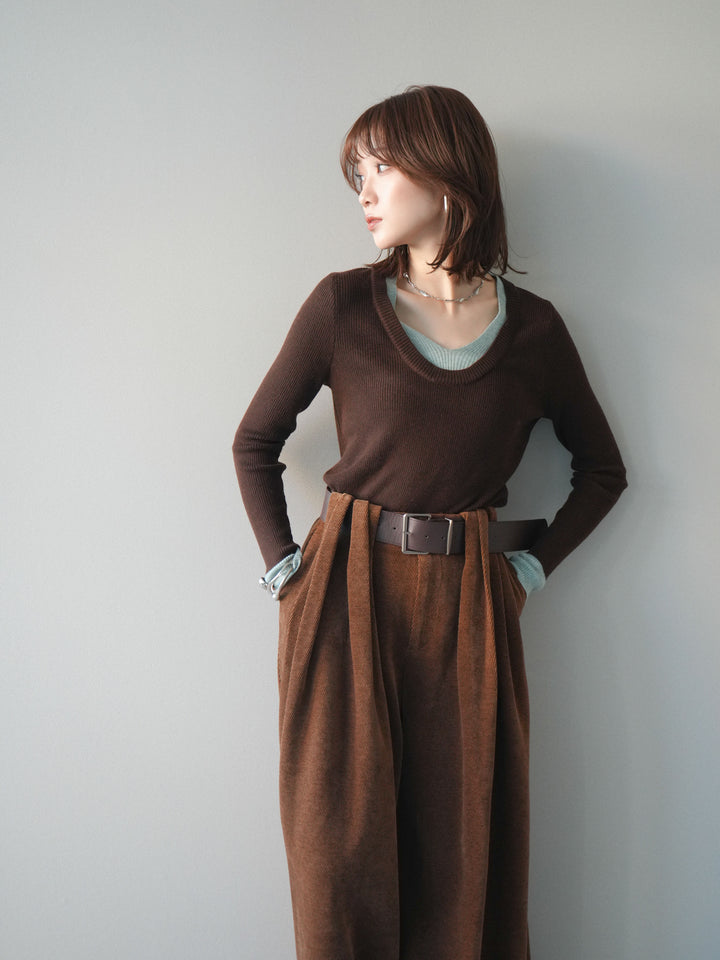 [予約]Uネック配色レイヤードリブニットトップス/brown