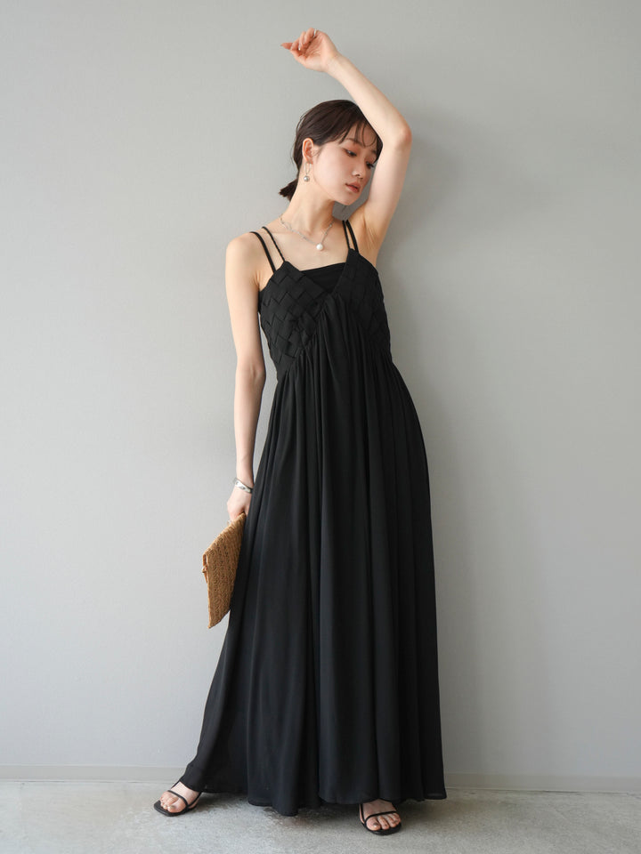 [SET]編み込みデザインシフォンワンピース+カップ付テレコリブベアキャミソール(2set)