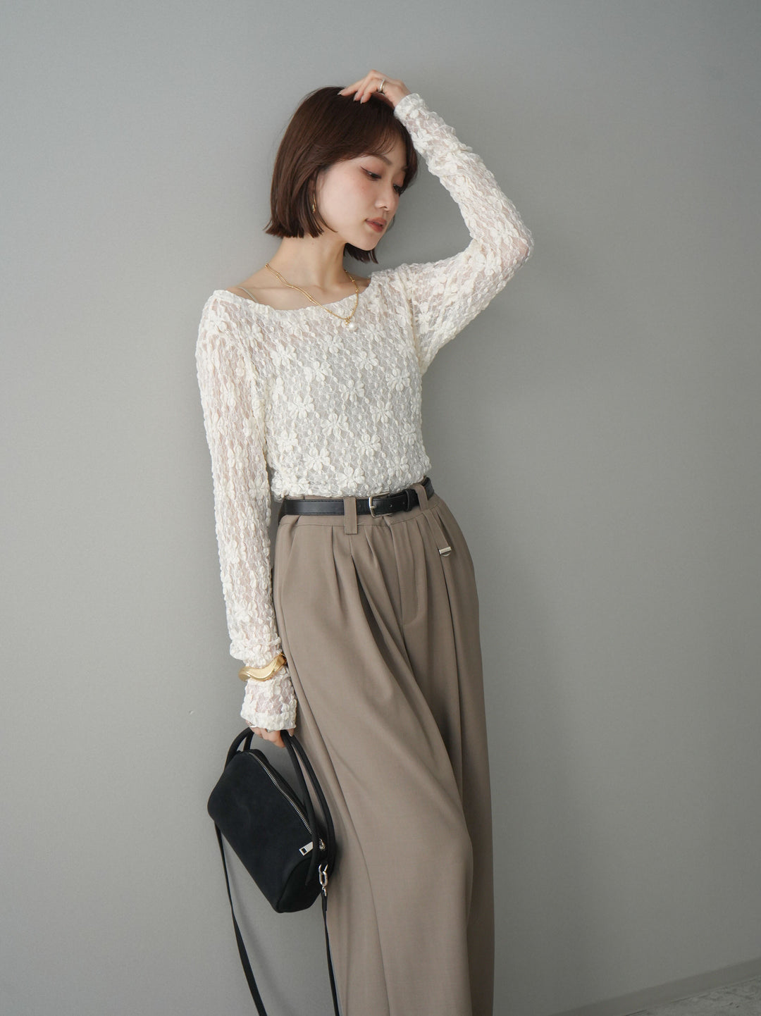 [SET]サイドギャザーレーストップス+ベルト付キーホルダーモチーフワイドパンツ(2set)