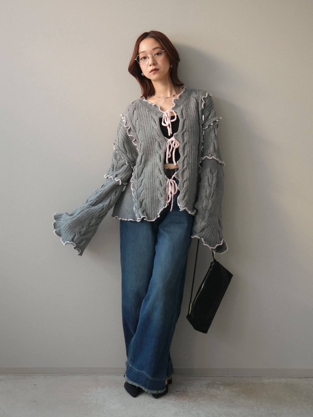 [SET]フロントリボン配色メローニットカーディガン+裏起毛裾フリンジワイドデニムパンツ(2set)