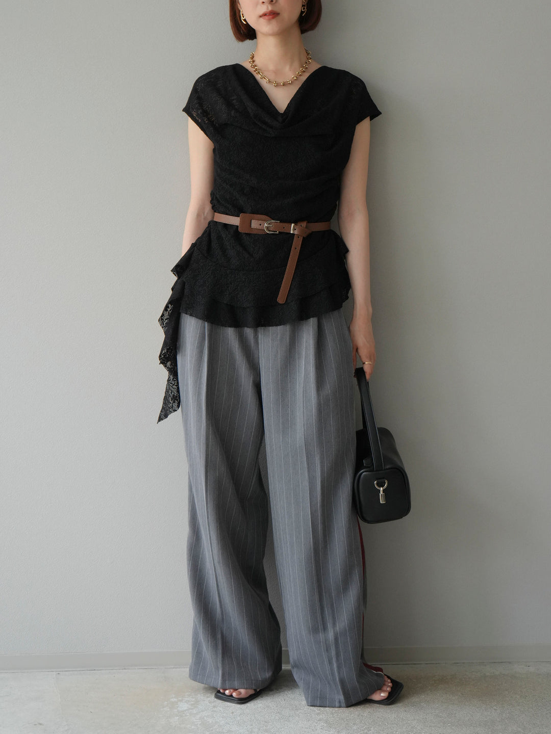 [予約]サイドラインストライプワイドパンツ/グレー