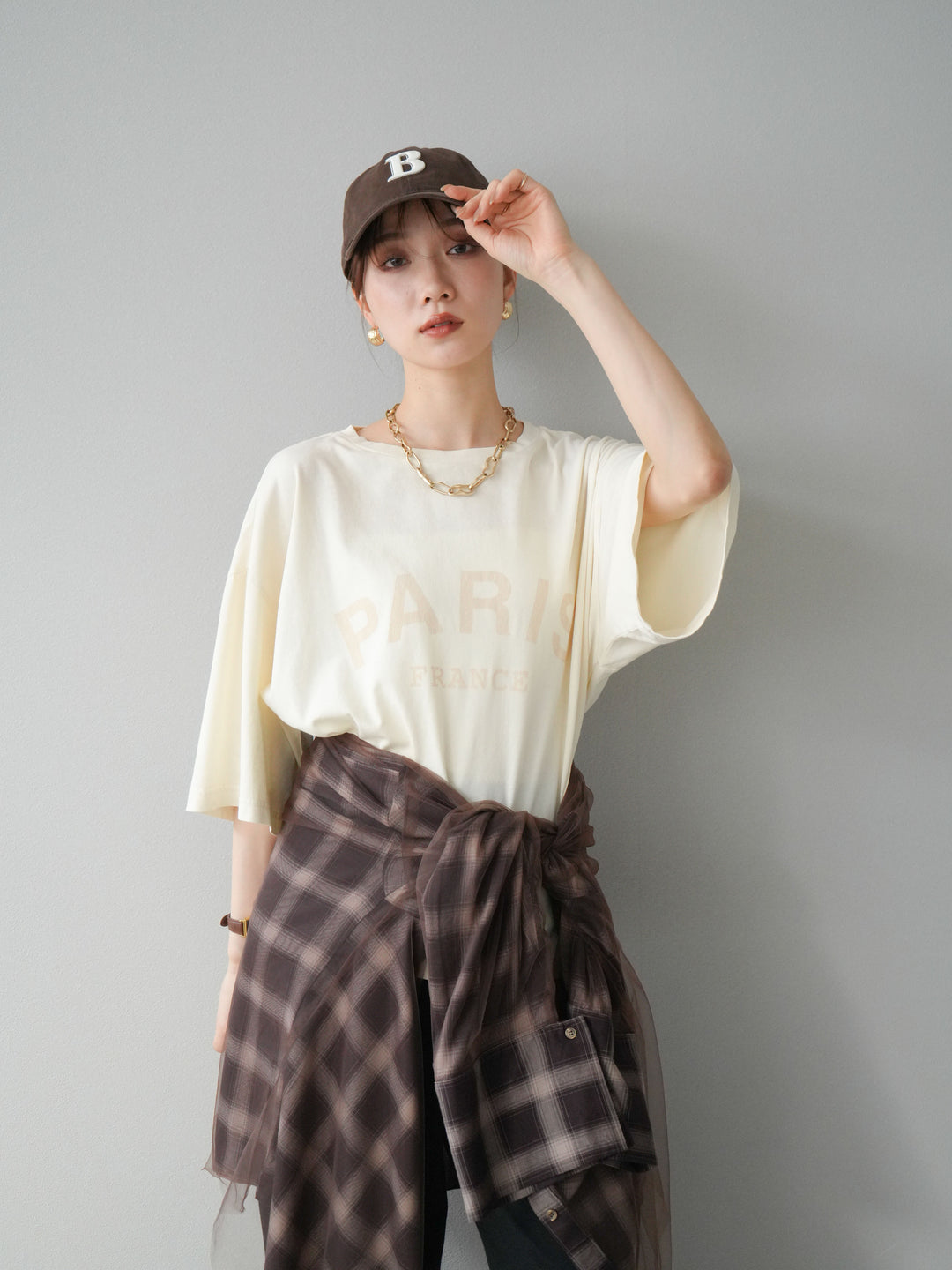 [SET]ピグメントロゴプリントTシャツ+2WAYデザインスウェットパンツ+チュールドッキングチェック柄オーバーサイズシャツ(3set)