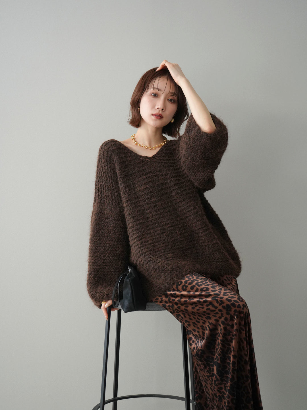 [予約]ワッフル編みシャギーニットプルオーバー/brown