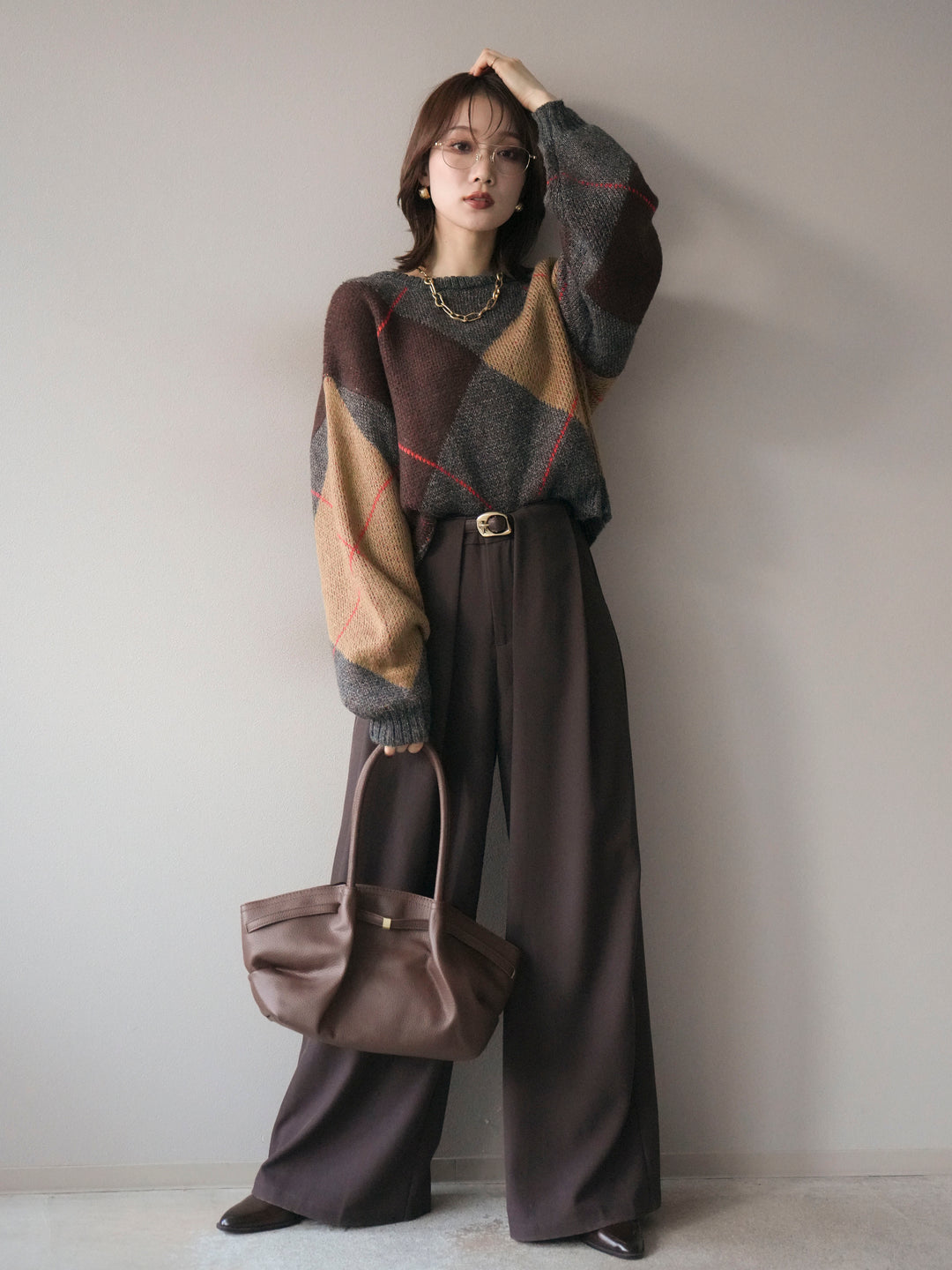 [SET]配色ステッチアーガイル柄ニットプルオーバー+ベルトループデザインワイドパンツ(2set)