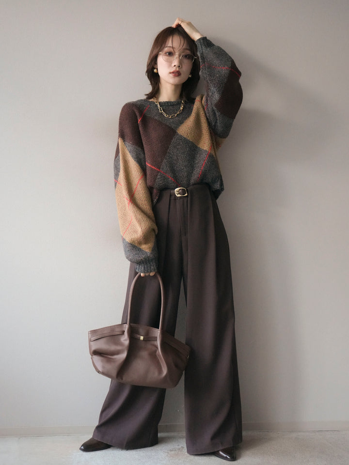 [SET]配色ステッチアーガイル柄ニットプルオーバー+ベルトループデザインワイドパンツ(2set)