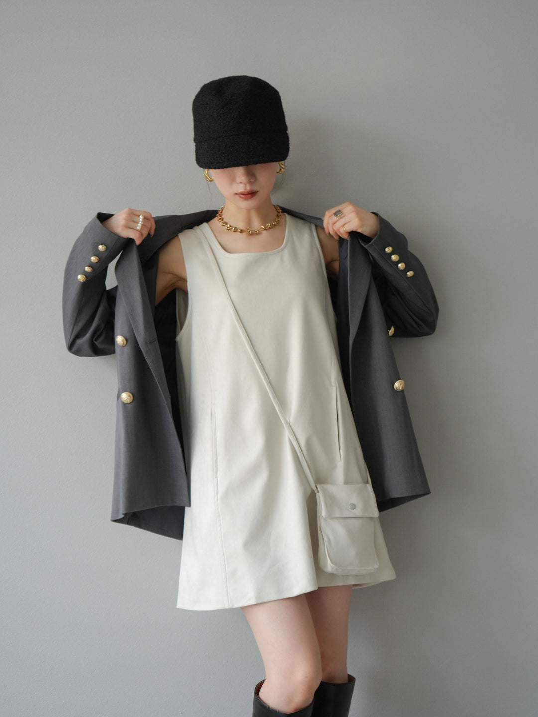 [予約]ゴールドボタンツイルダブルテーラードジャケット/グレー