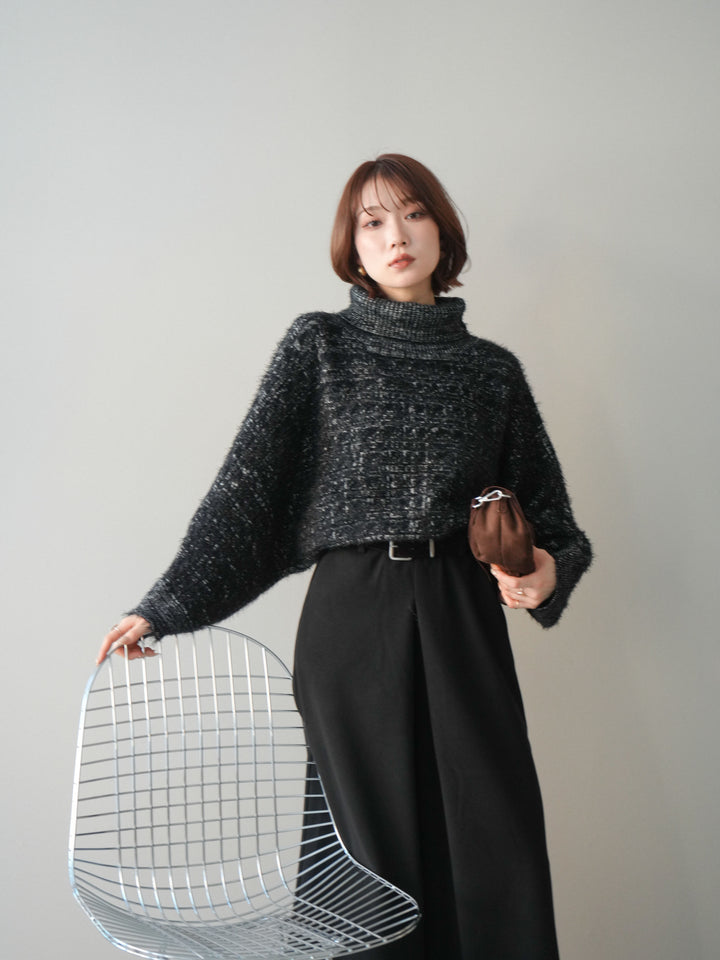 [予約]オフタートルケーブル編みニットプルオーバー/black