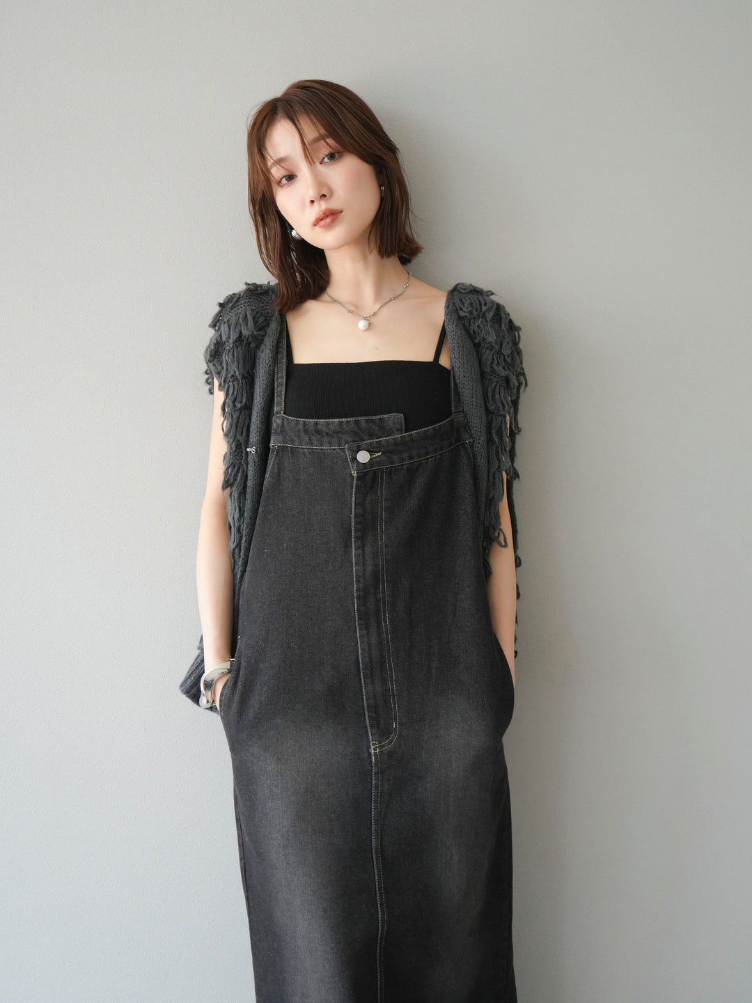 [SET]ループデザインベスト+アシンメトリーデニムワンピース(2set)