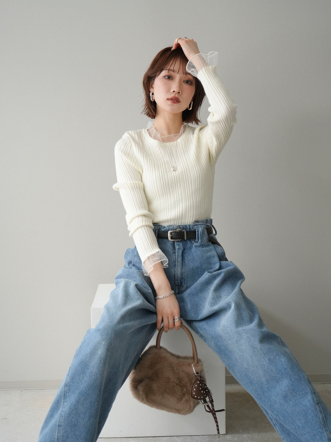 [SET]チュールドッキングリブニットトップス+ハイウエストベルトループデザインデニムパンツ(2set)